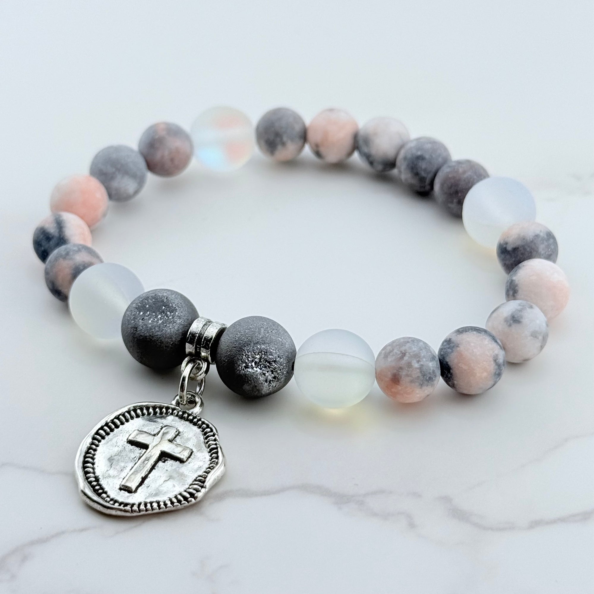 Embossed Silver Cross Charm Bracelet Druzy