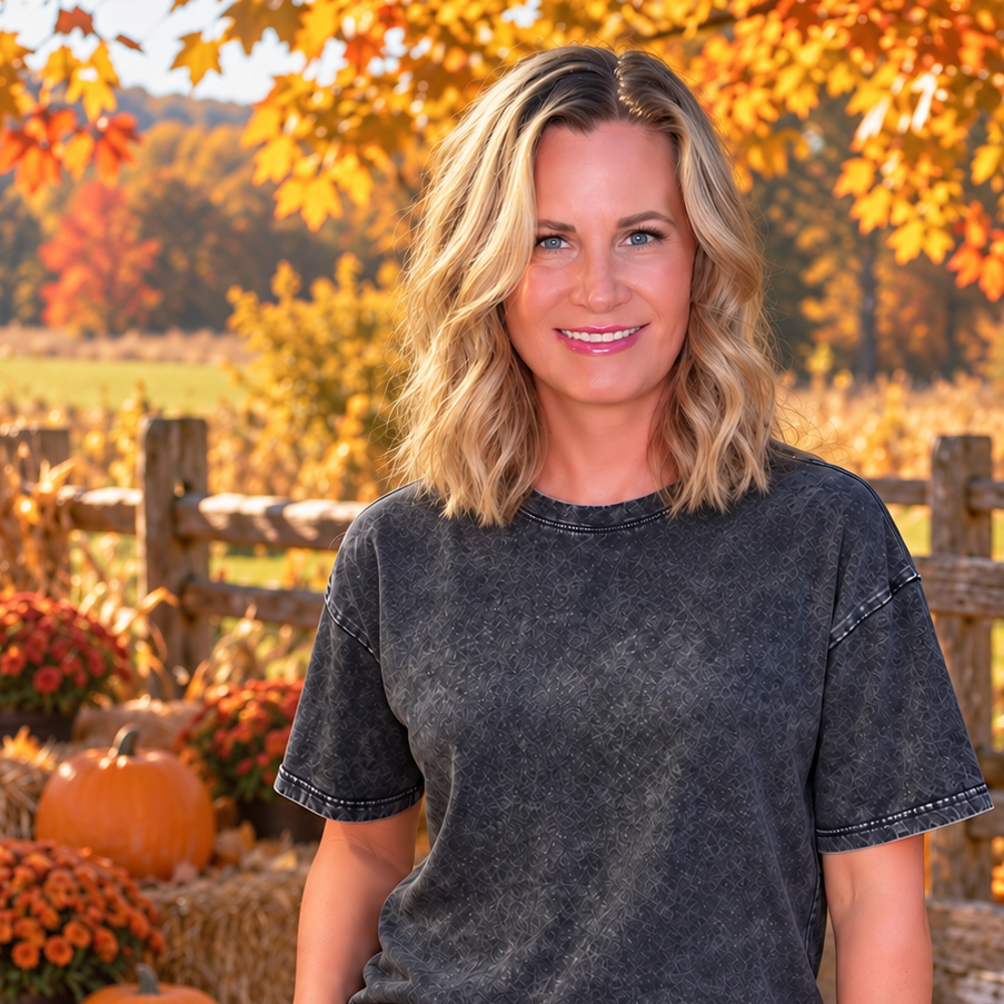A woman stands outdoors in a fall yard wearing a faded charcoal gray short-sleeve t-shirt and blue jeans. Pumpkins, mums, a wooden fence, and autumn trees are visible in the background.