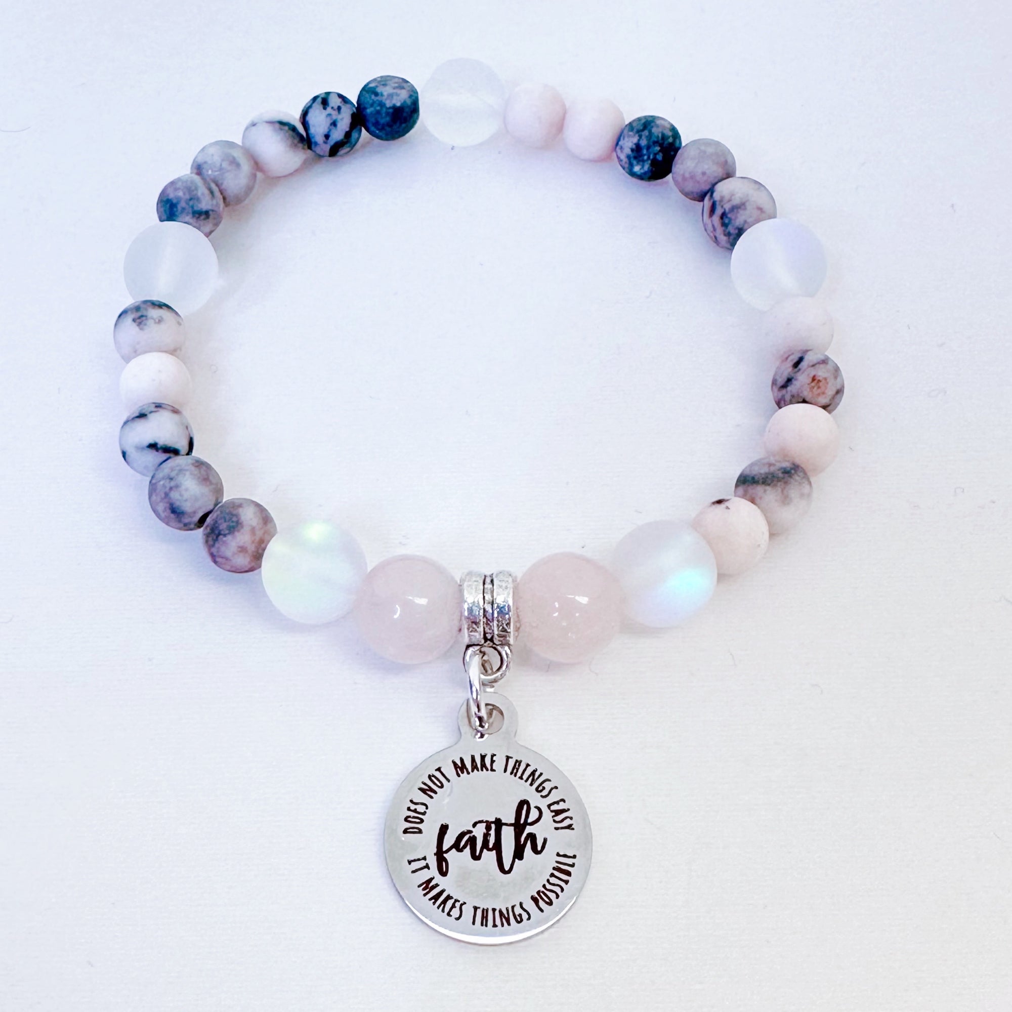Faith Does Not Make Things Easy, It Makes Things Possible Companion Charm Bracelet Rose Quartz