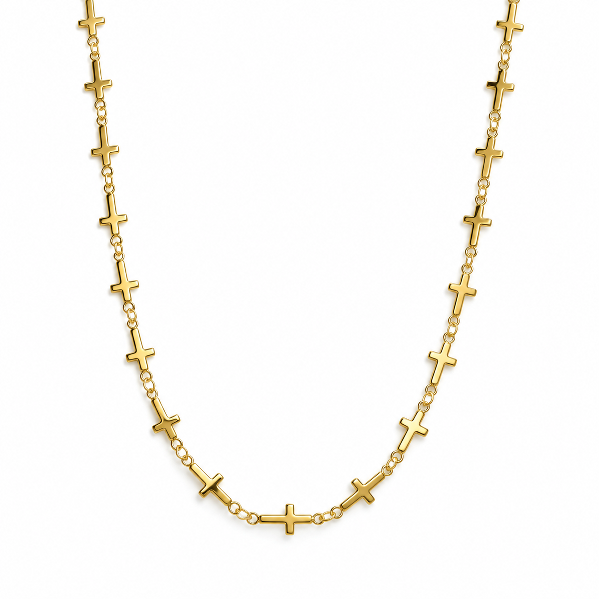 A gold chain necklace featuring multiple small, polished cross links spaced evenly along the chain, displayed against a solid white background.