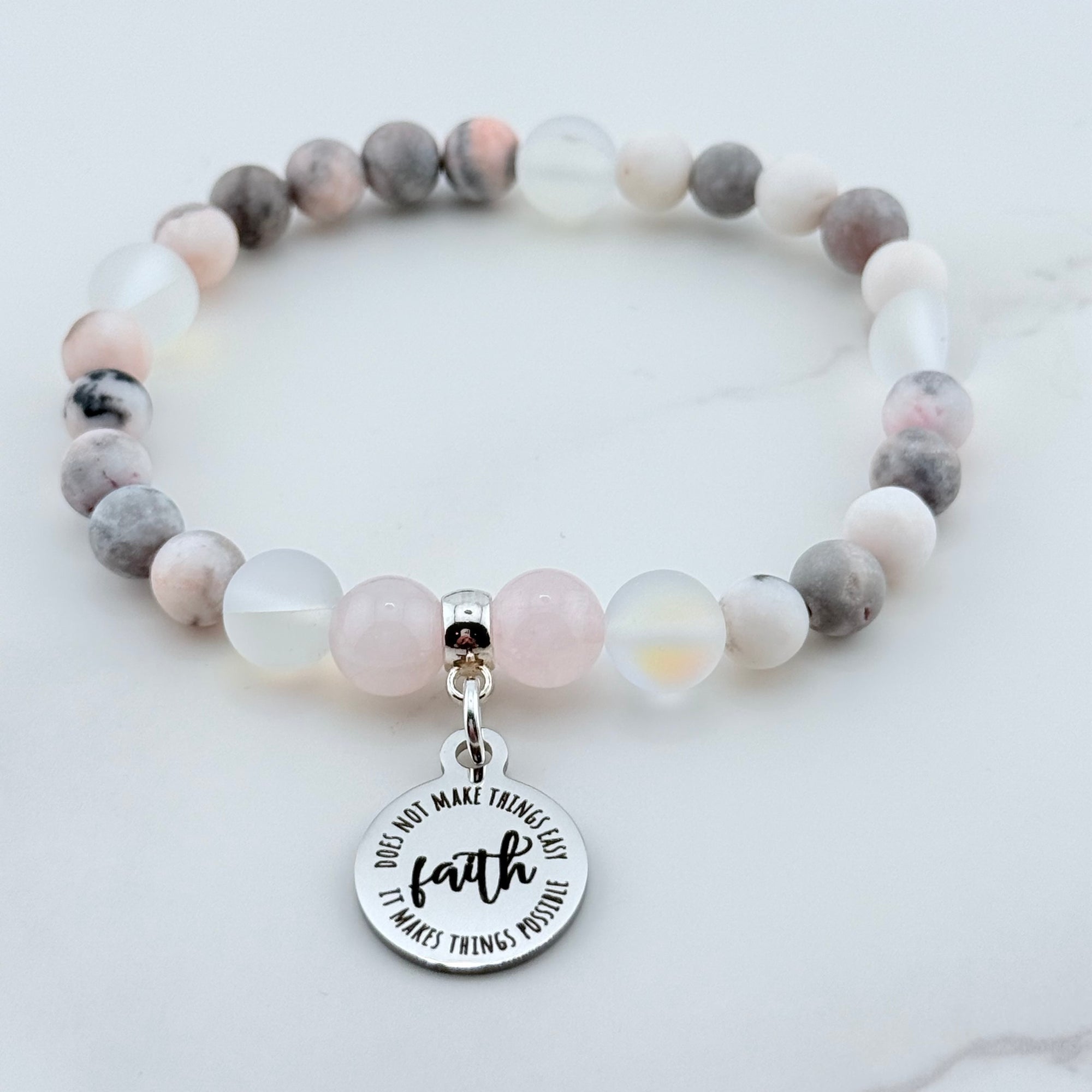 Faith Does Not Make Things Easy, It Makes Things Possible Companion Charm Bracelet Rose Quartz