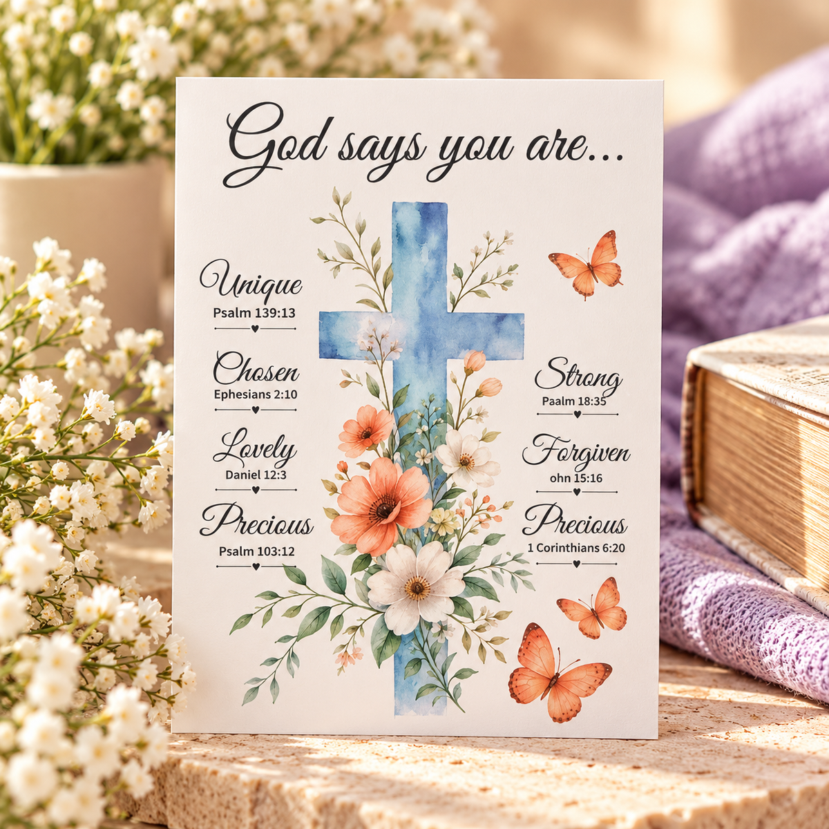 A printed card or sign with the phrase 'God says you are.