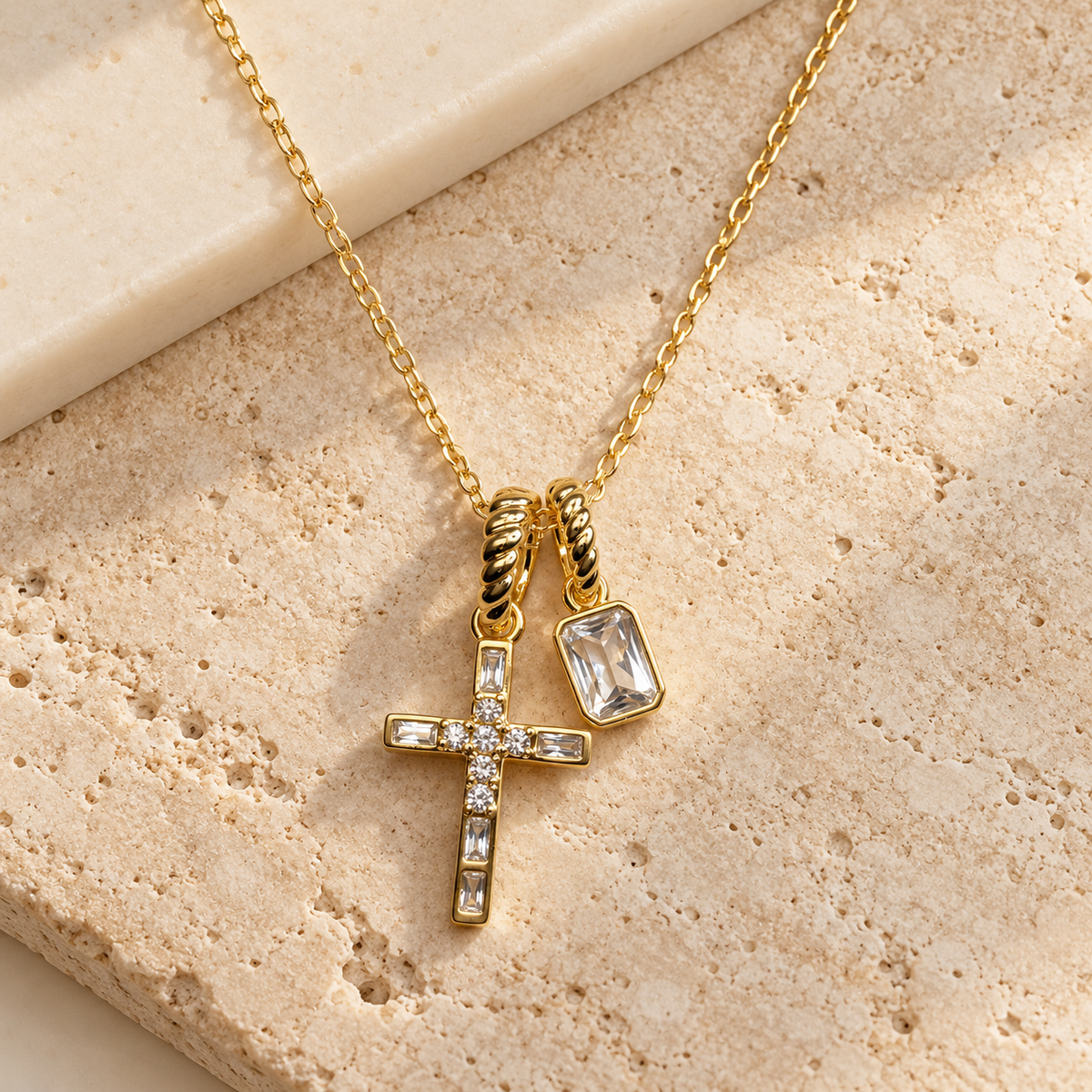 Clear Faith Gold Cross &amp; Crystal Charm Necklace