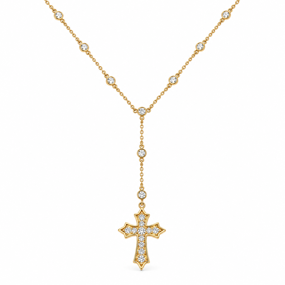 Walk in Grace Gold Rhinestone Cross Y Necklace