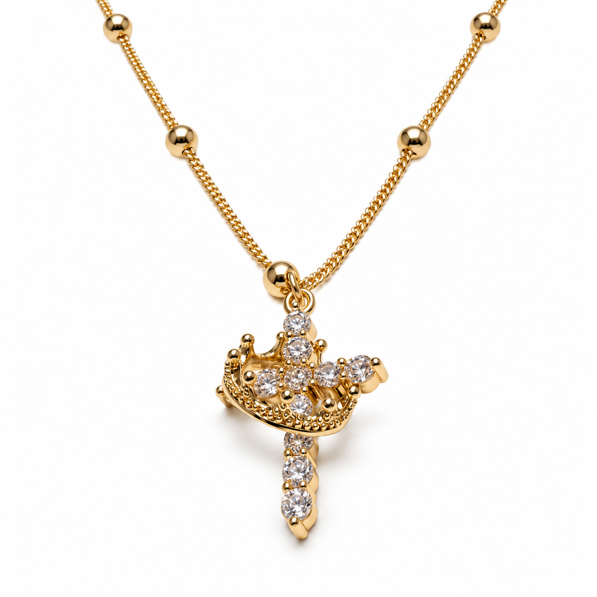 Crowned in Faith Gold Beaded Cross Necklace | 14K Gold Plated