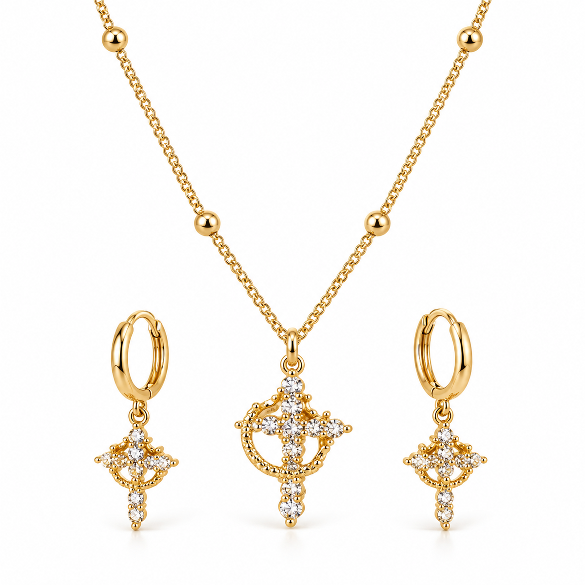 Crowned in Faith Gold Cross Necklace &amp; Earring Set