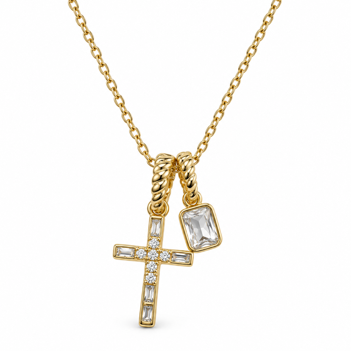 Clear Faith Gold Cross &amp; Crystal Charm Necklace