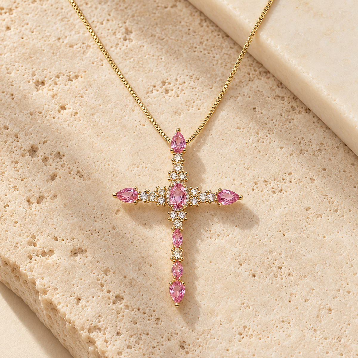 Blooming Grace Gold Pink Crystal Cross Necklace