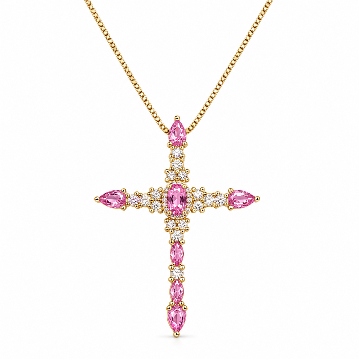 Blooming Grace Gold Pink Crystal Cross Necklace