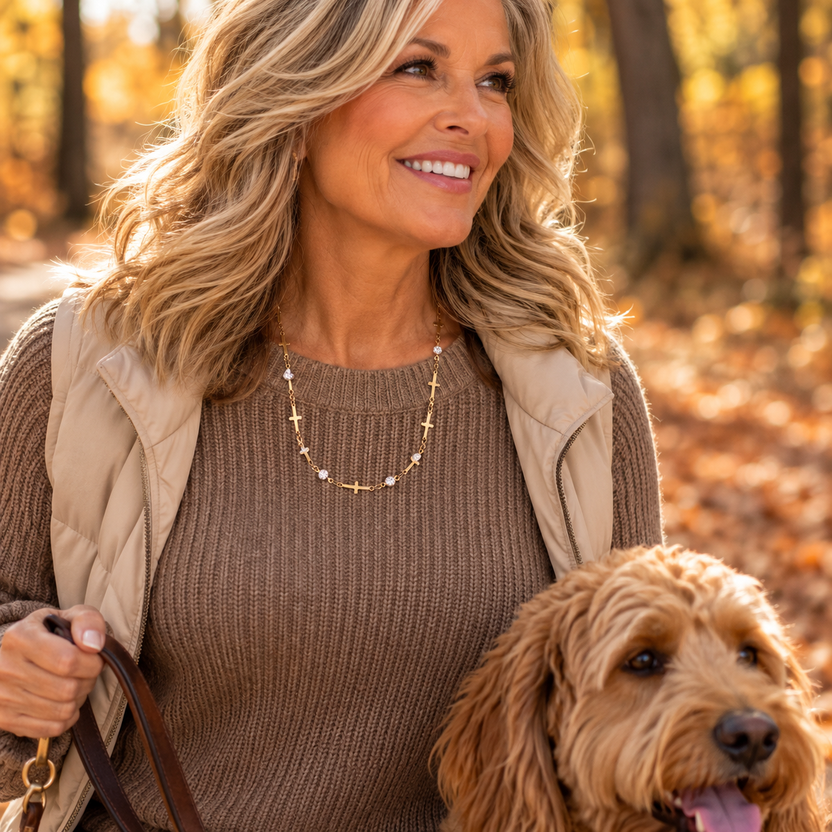 Walk in Faith Gold Cross &amp; Rhinestone Necklace
