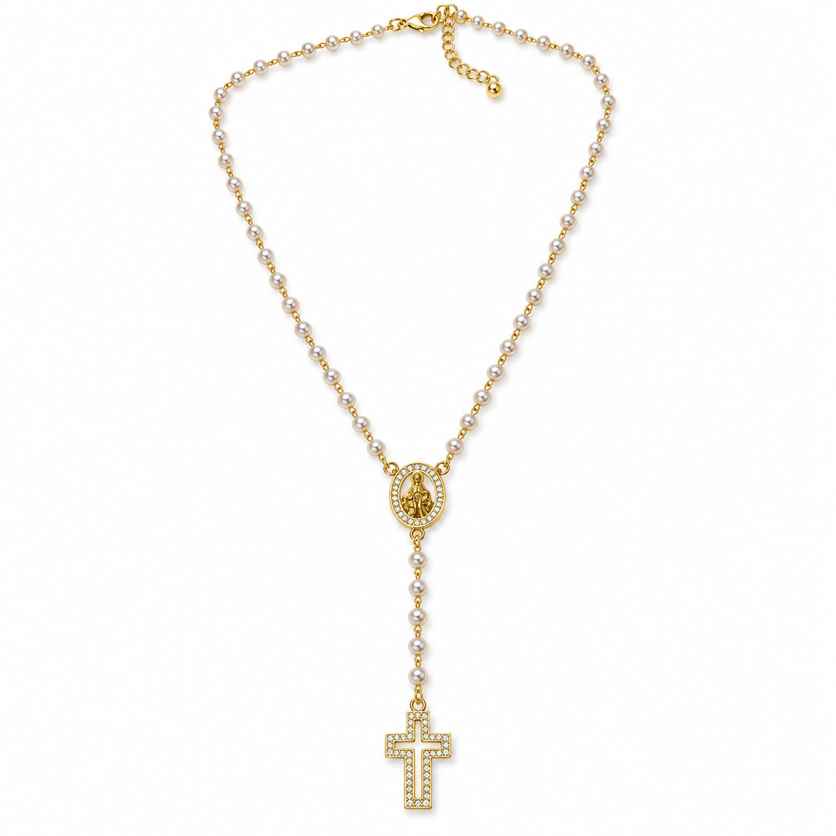 A gold lariat-style necklace featuring a beaded chain, a central medallion, and a dangling cross pendant adorned with small clear stones, shown on a plain white background.