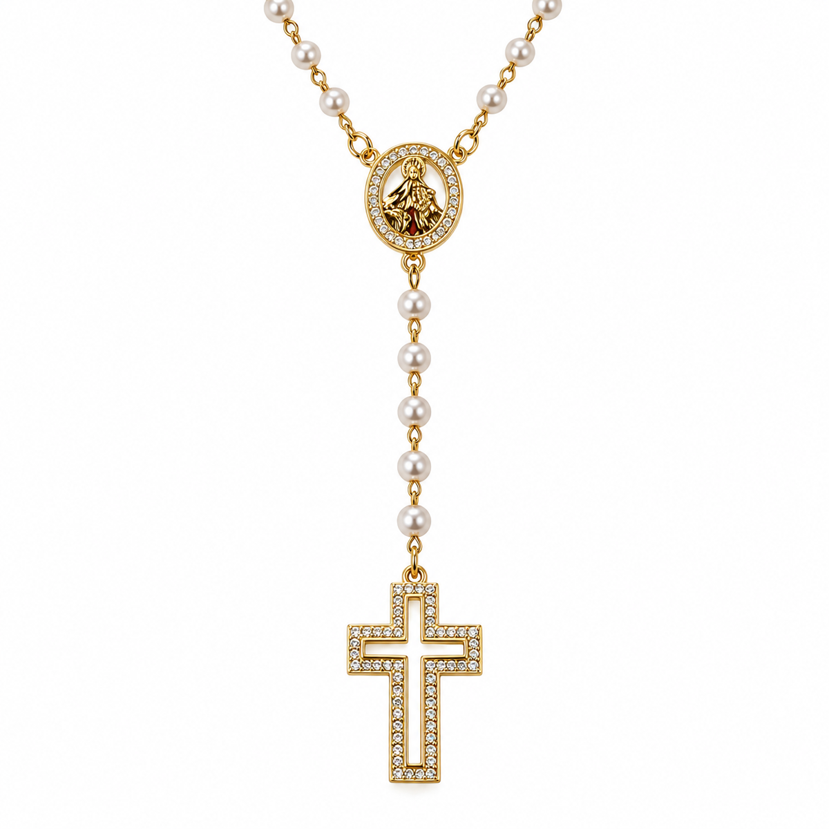 Gold and white pearl rosary necklace featuring a circular medallion with a gold figure, a drop chain with white pearls, and a gold cross adorned with small clear crystals, shown on a white background.