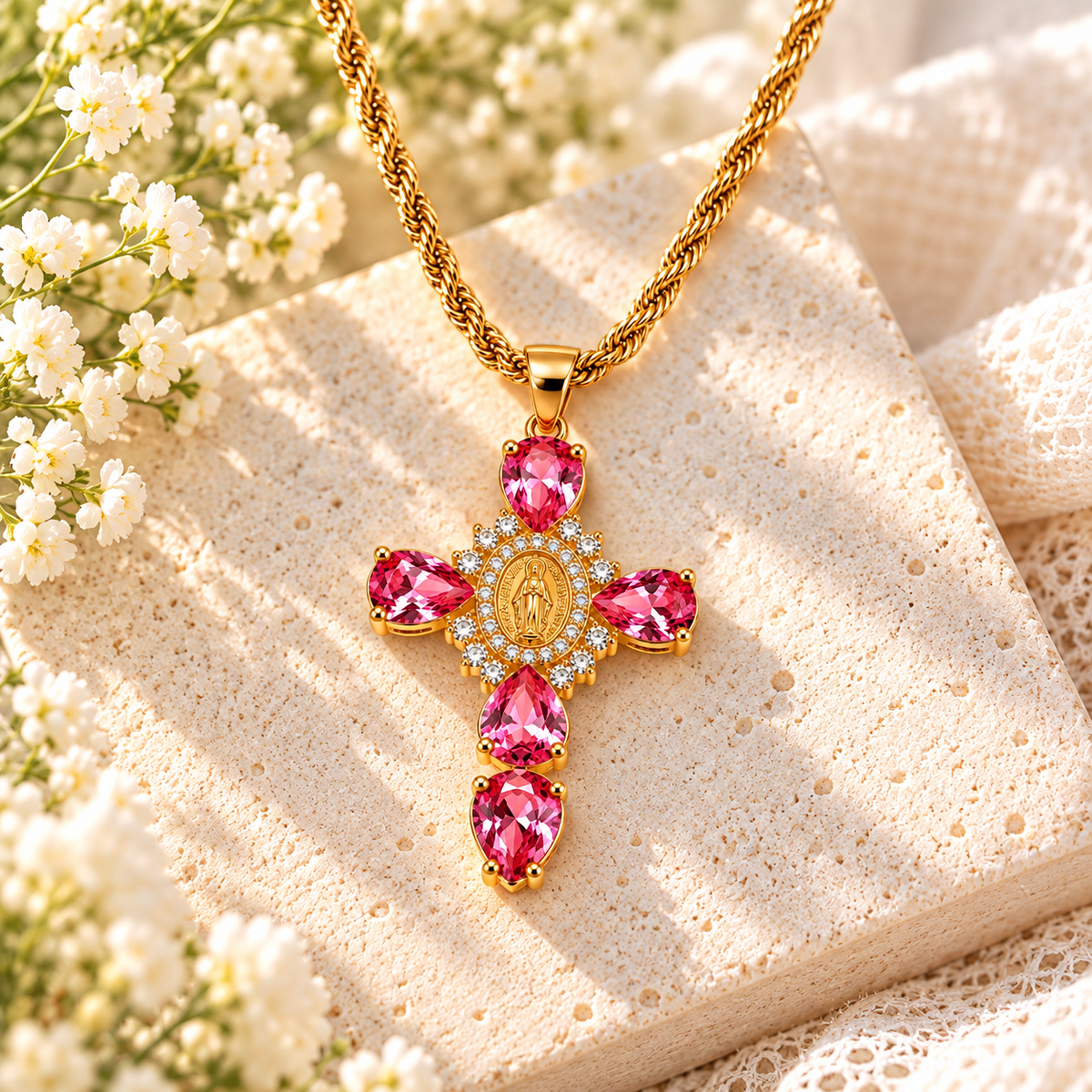 Grace in Bloom Pink Crystal Cross Necklace