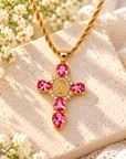 Grace in Bloom Pink Crystal Cross Necklace