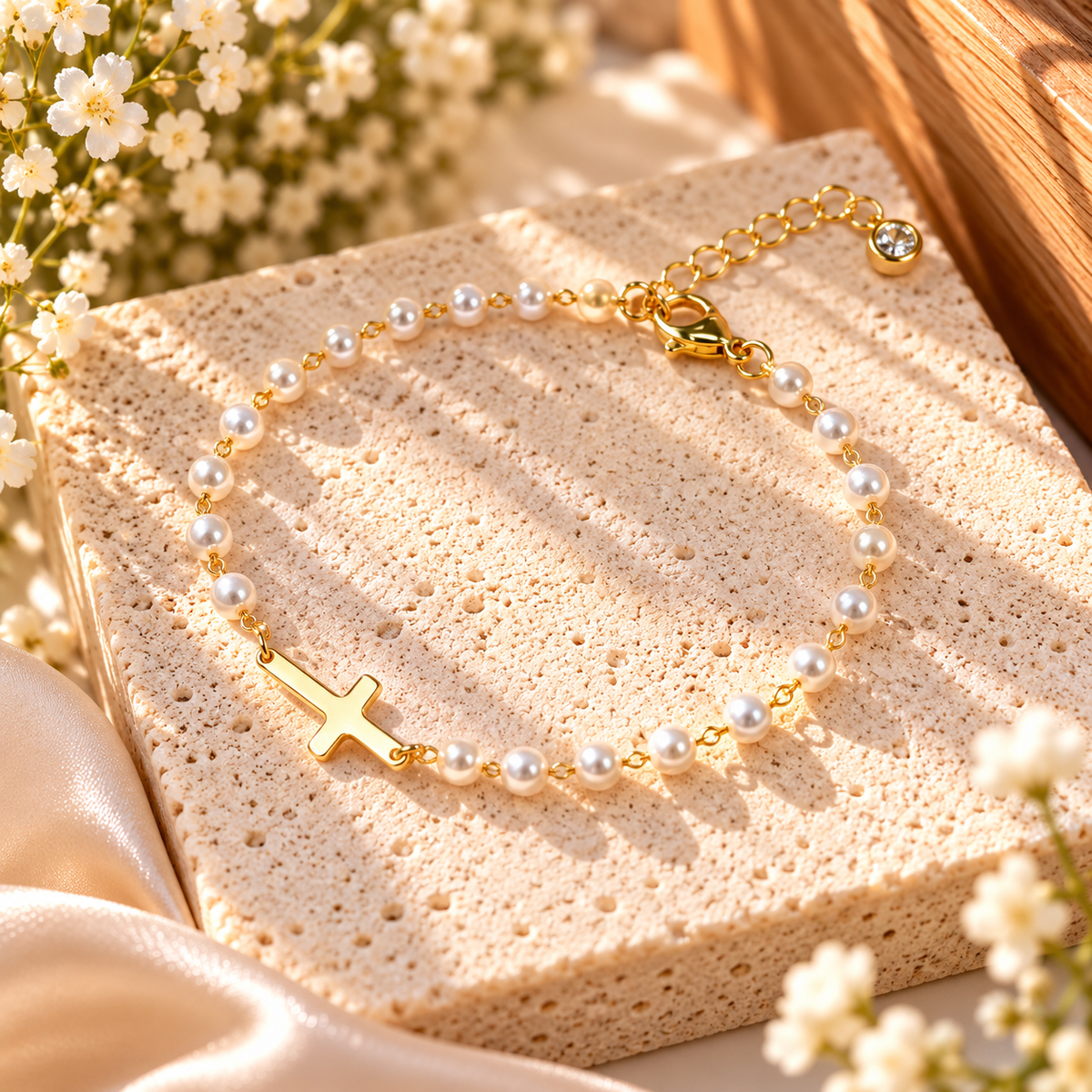 Grace in Every Detail Pearl Cross Bracelet