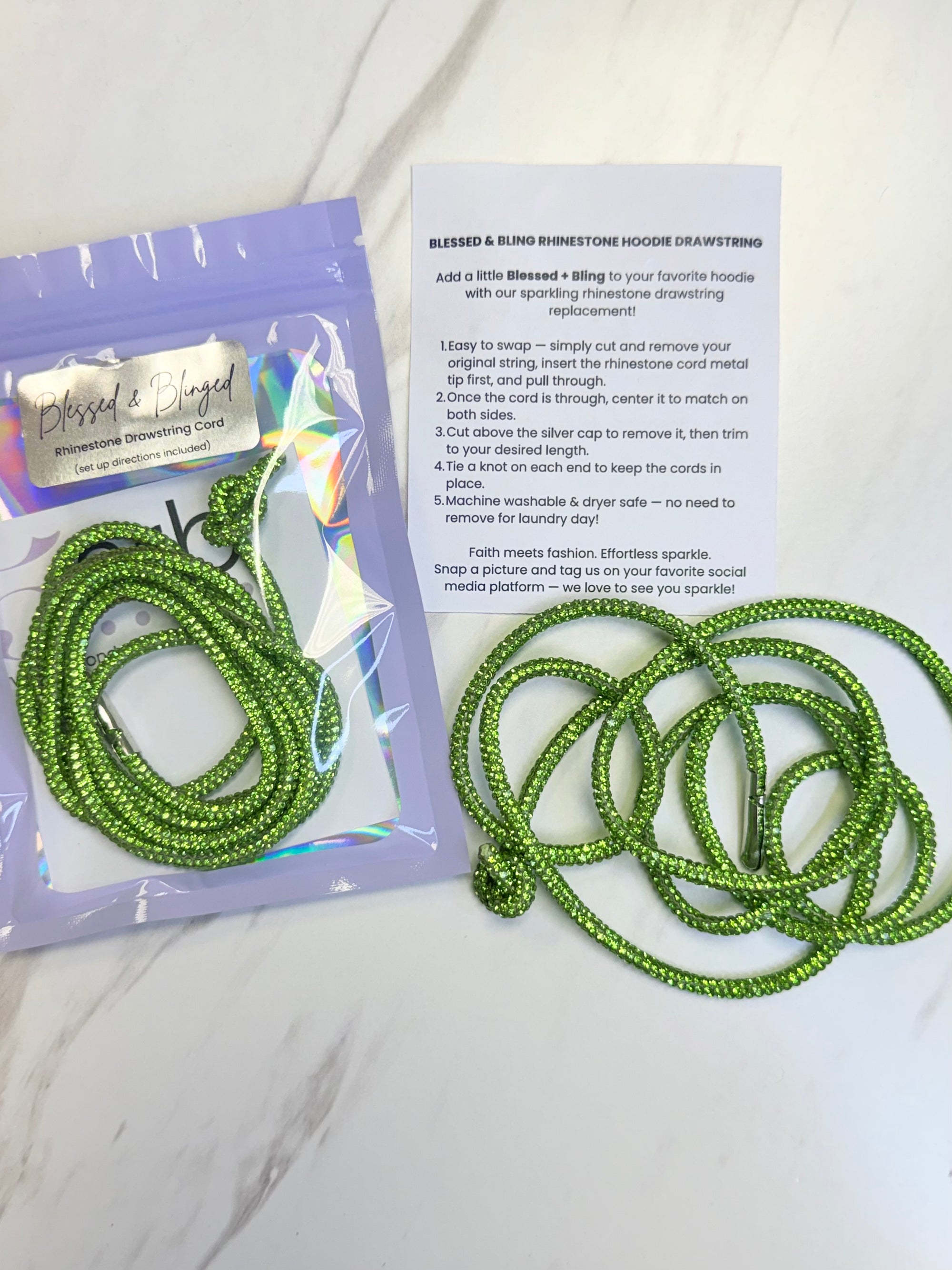 Green Rhinestone Cord with packaging and instructions on a white background