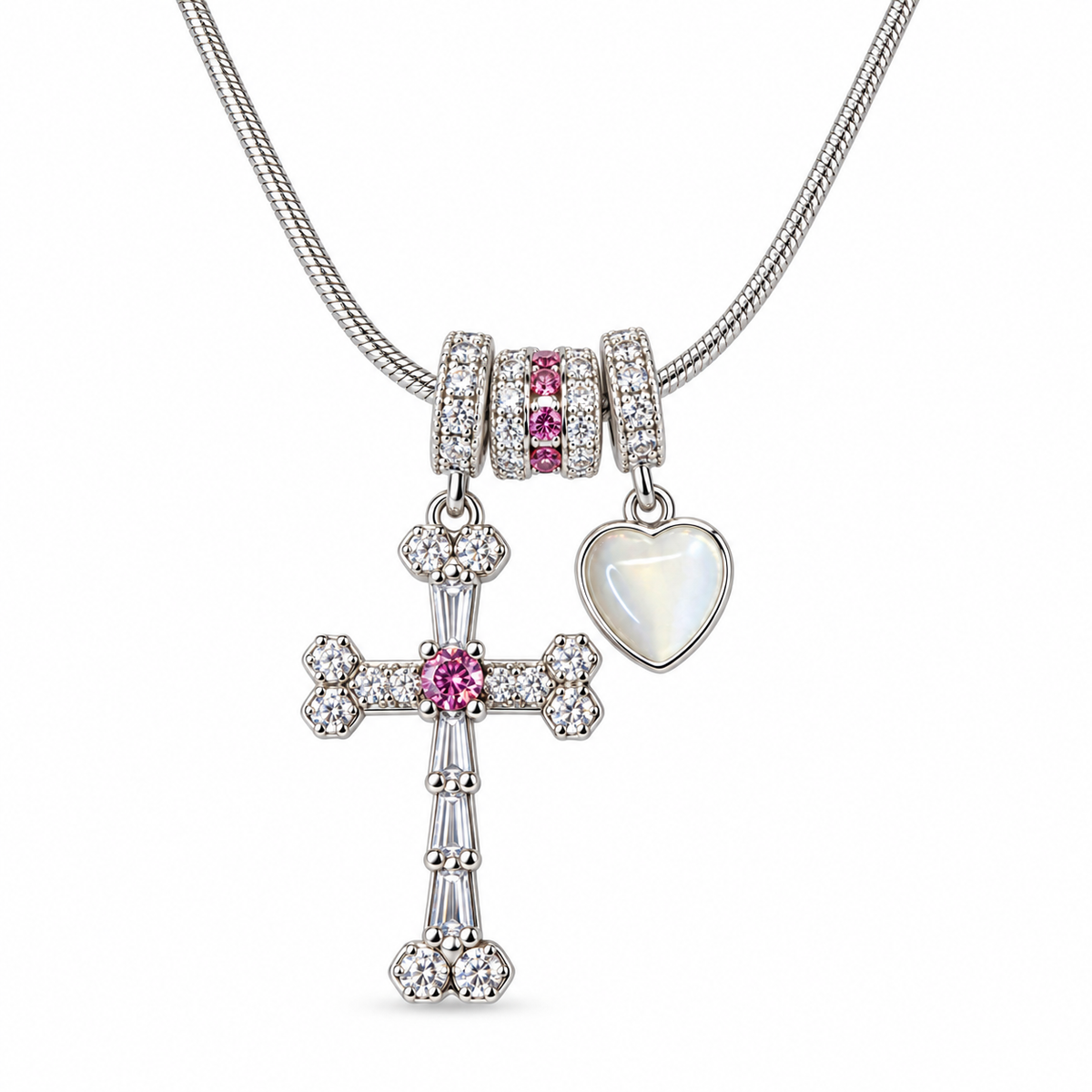 Held in Grace Silver Pink Cross &amp; Heart Necklace