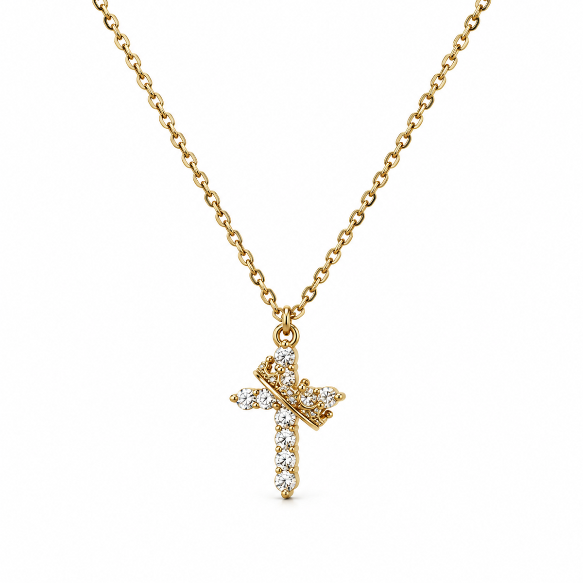 Crowned in Faith Gold Dainty Rhinestone Cross Necklace