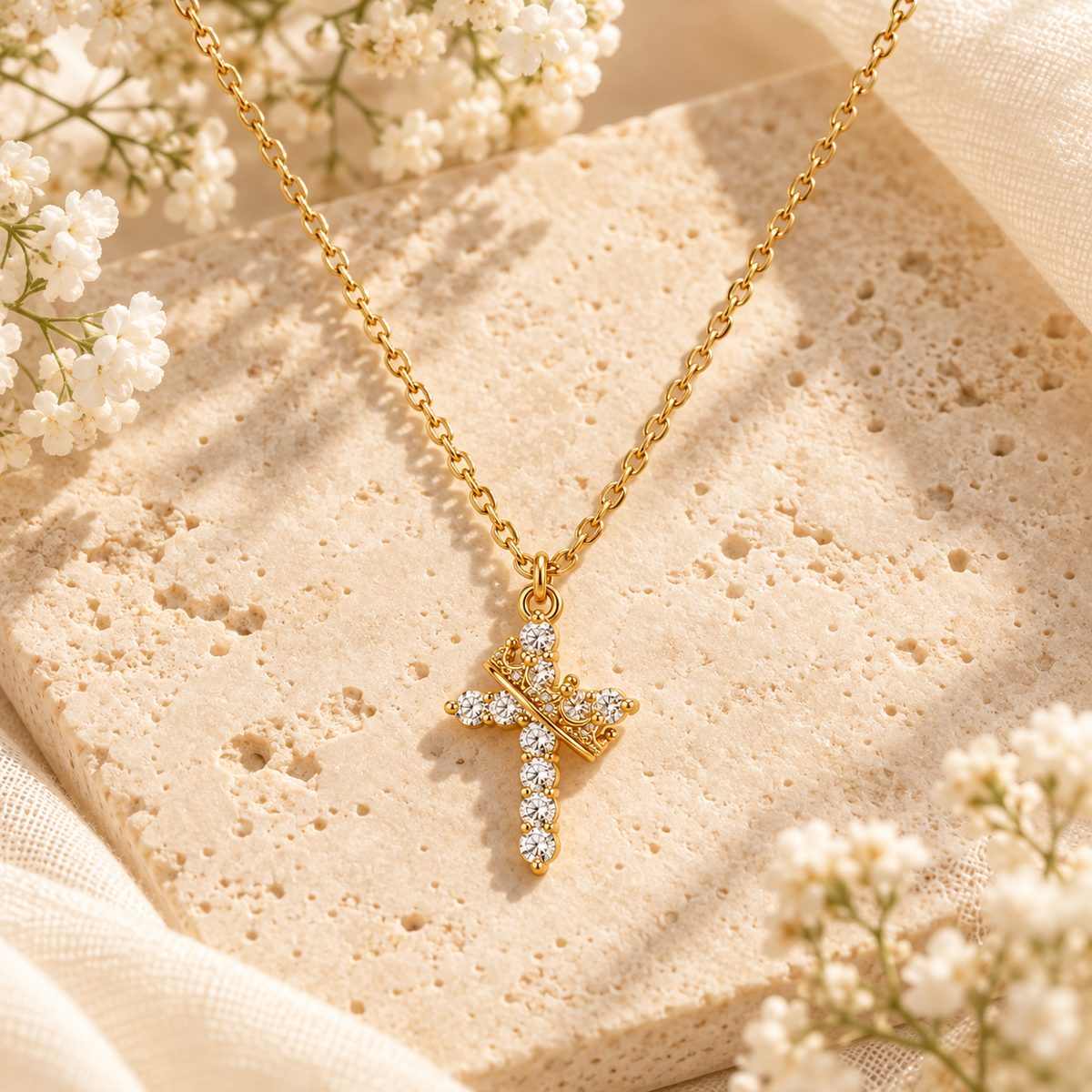 Crowned in Faith Gold Dainty Rhinestone Cross Necklace