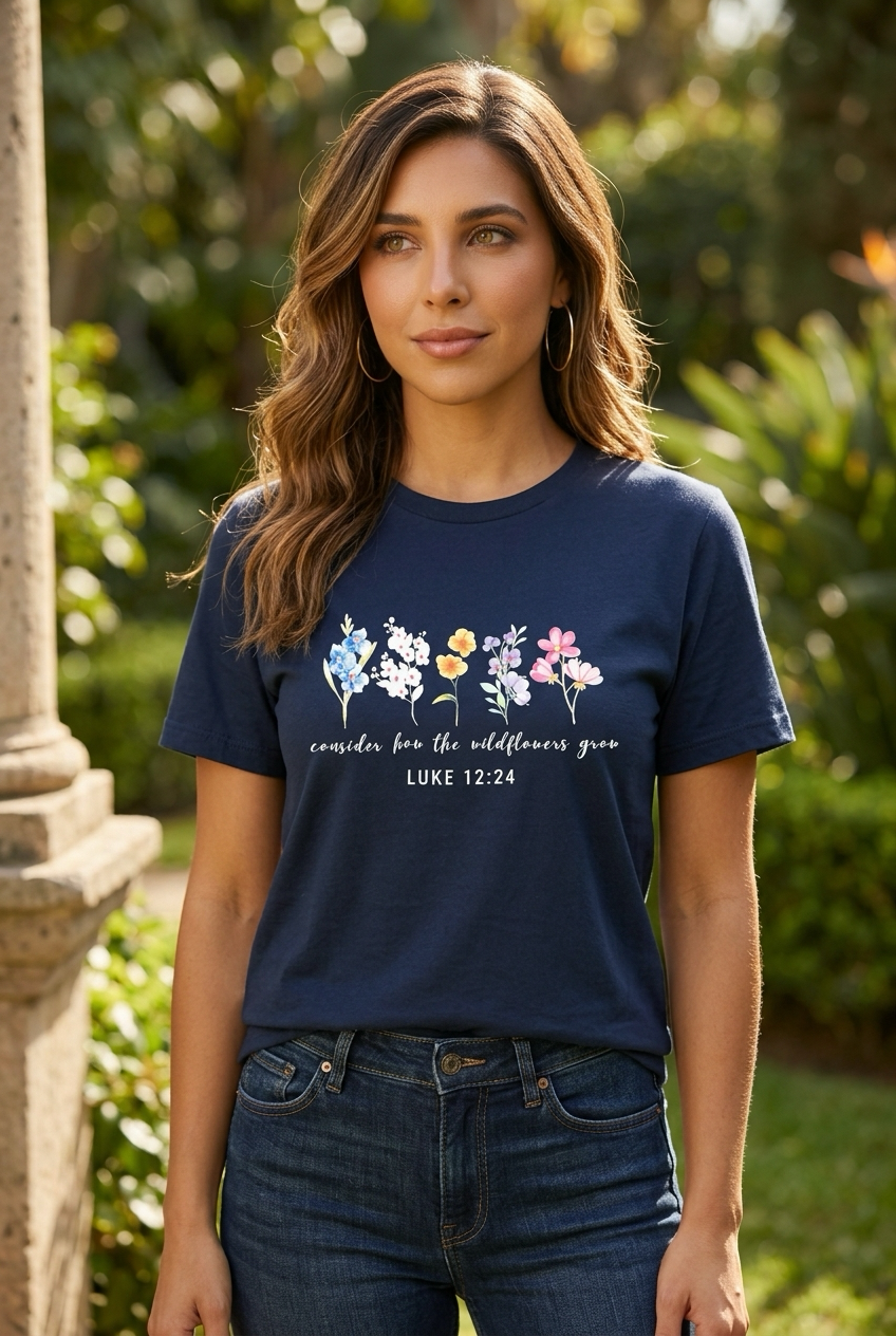 Consider How the Wildflowers Grow Christian T-Shirt – Navy Blue