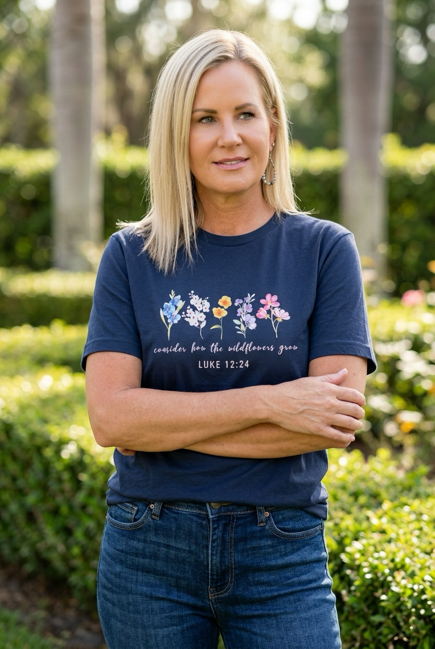 Consider How the Wildflowers Grow Christian T-Shirt – Navy Blue