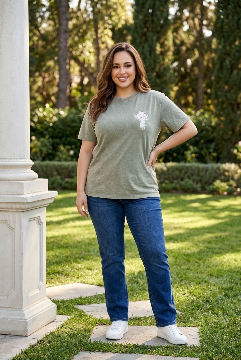Floral Cross Vintage Wash Christian T-Shirt – Olive