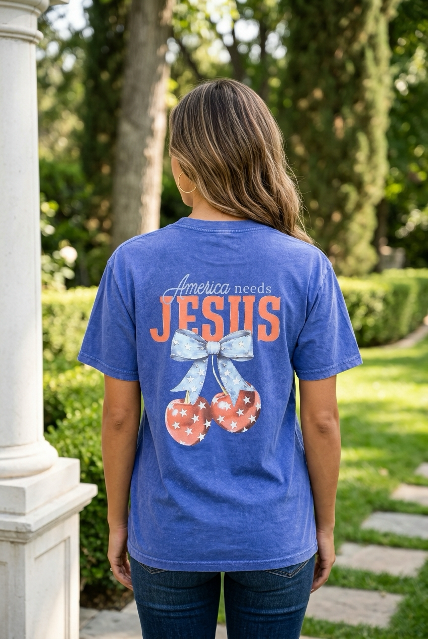 America Needs Jesus Vintage Wash Christian T-Shirt – Summer Blue