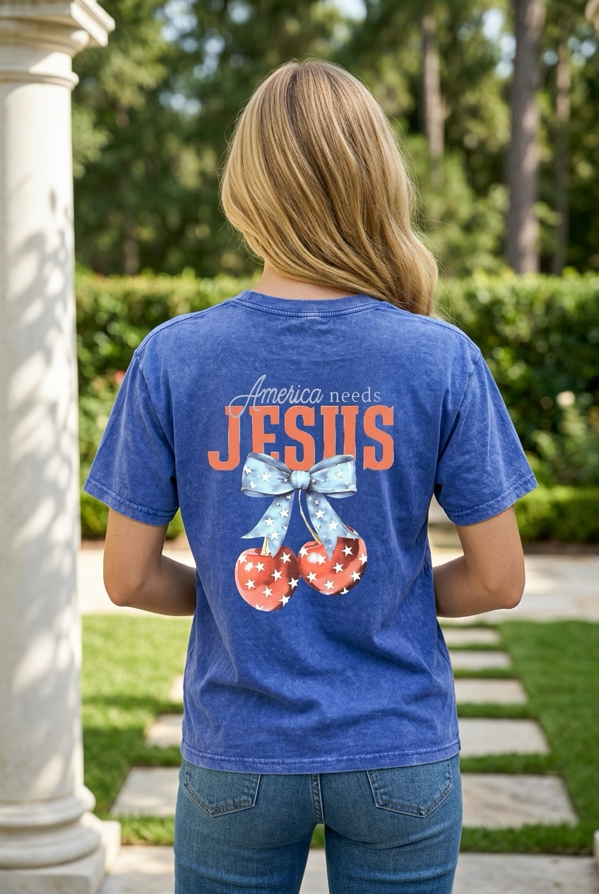 America Needs Jesus Vintage Wash Christian T-Shirt – Summer Blue