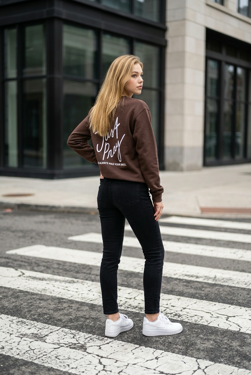 Woman in a brown sweatshirt and black pants crossing a street.