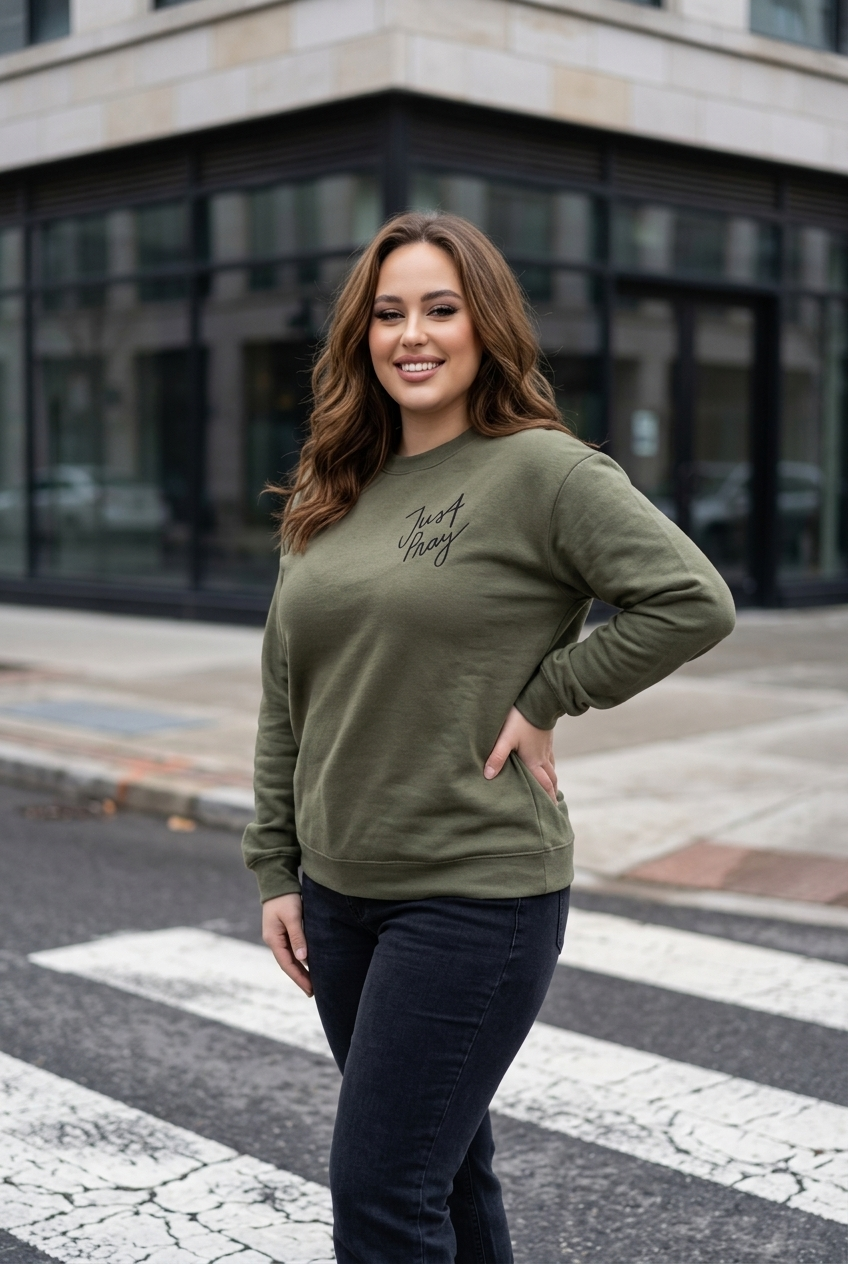 Woman wearing a green sweatshirt with text on it, standing on a street corner.