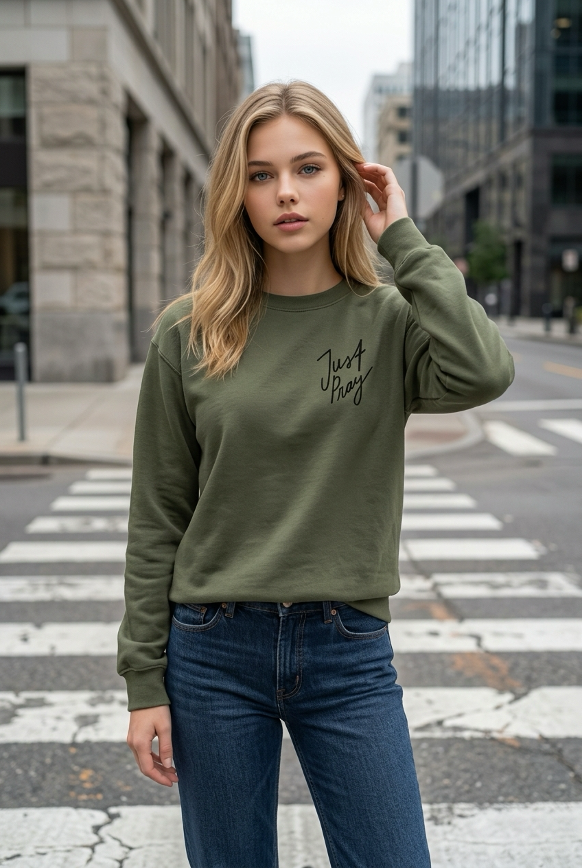 Woman wearing an olive green sweatshirt with text and blue jeans on a city street.