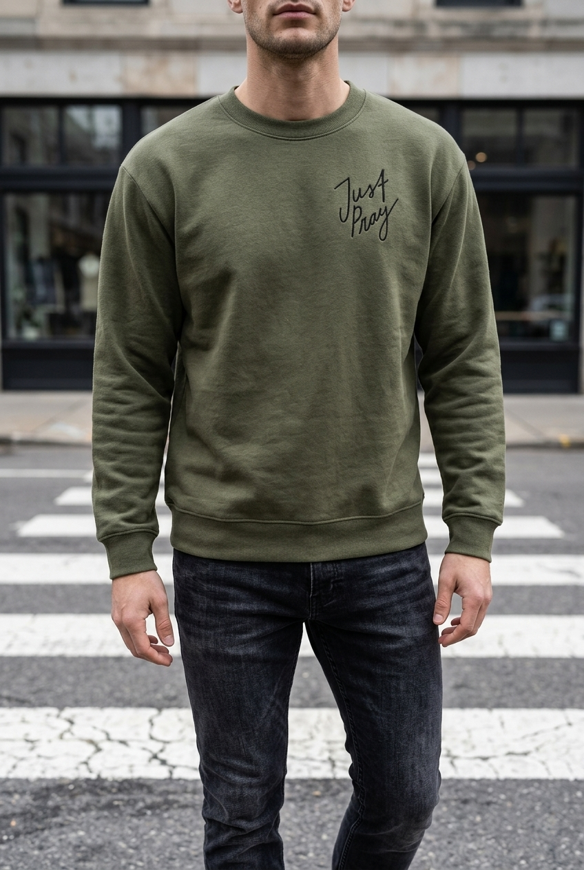 Person wearing a green sweatshirt with text on it, standing on a street.