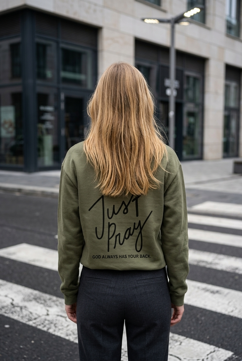 Person wearing a green jacket with 'Just Pray' text on the back, standing on a crosswalk.