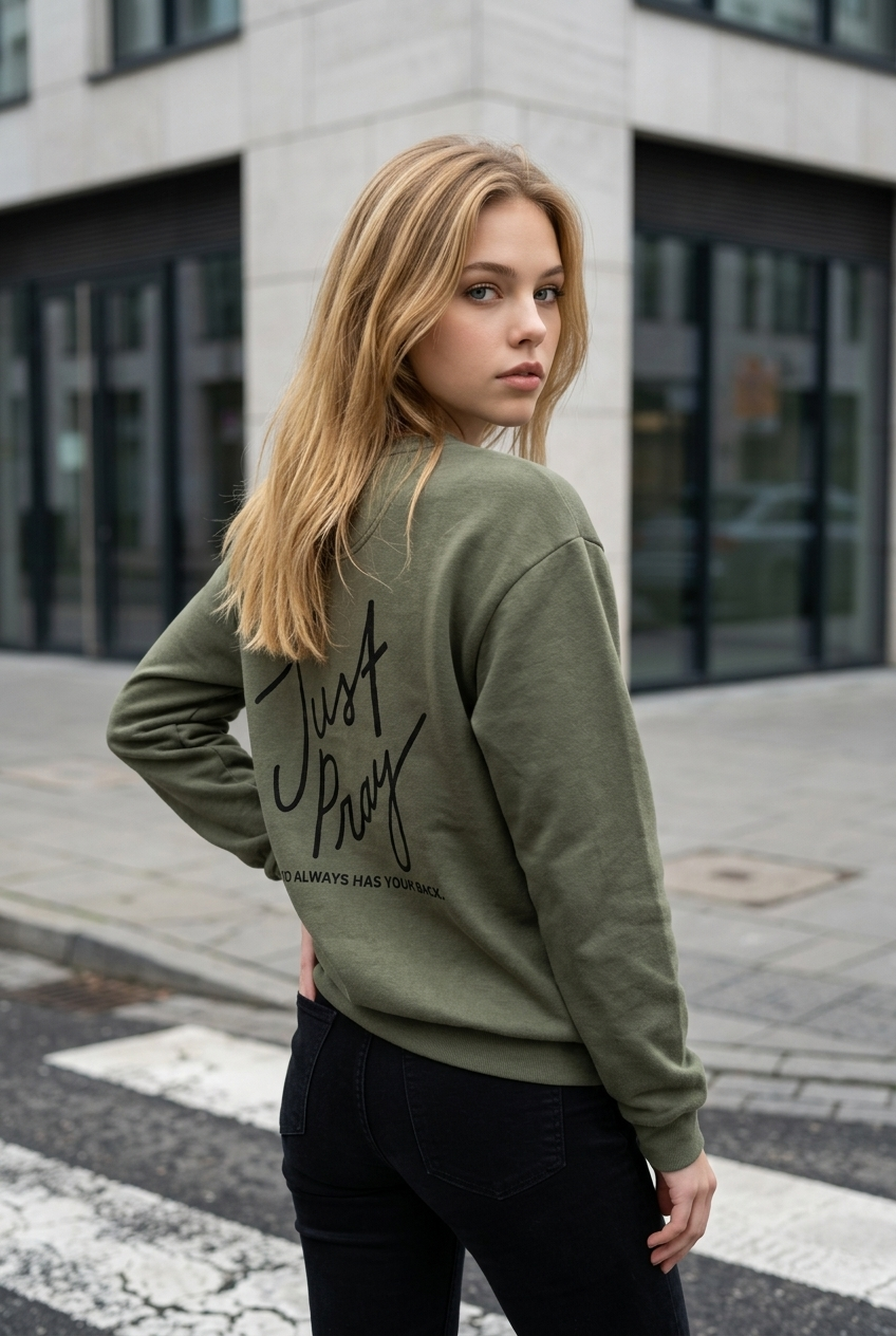 Woman wearing a green sweatshirt with 'Just Pray' text on a city street.