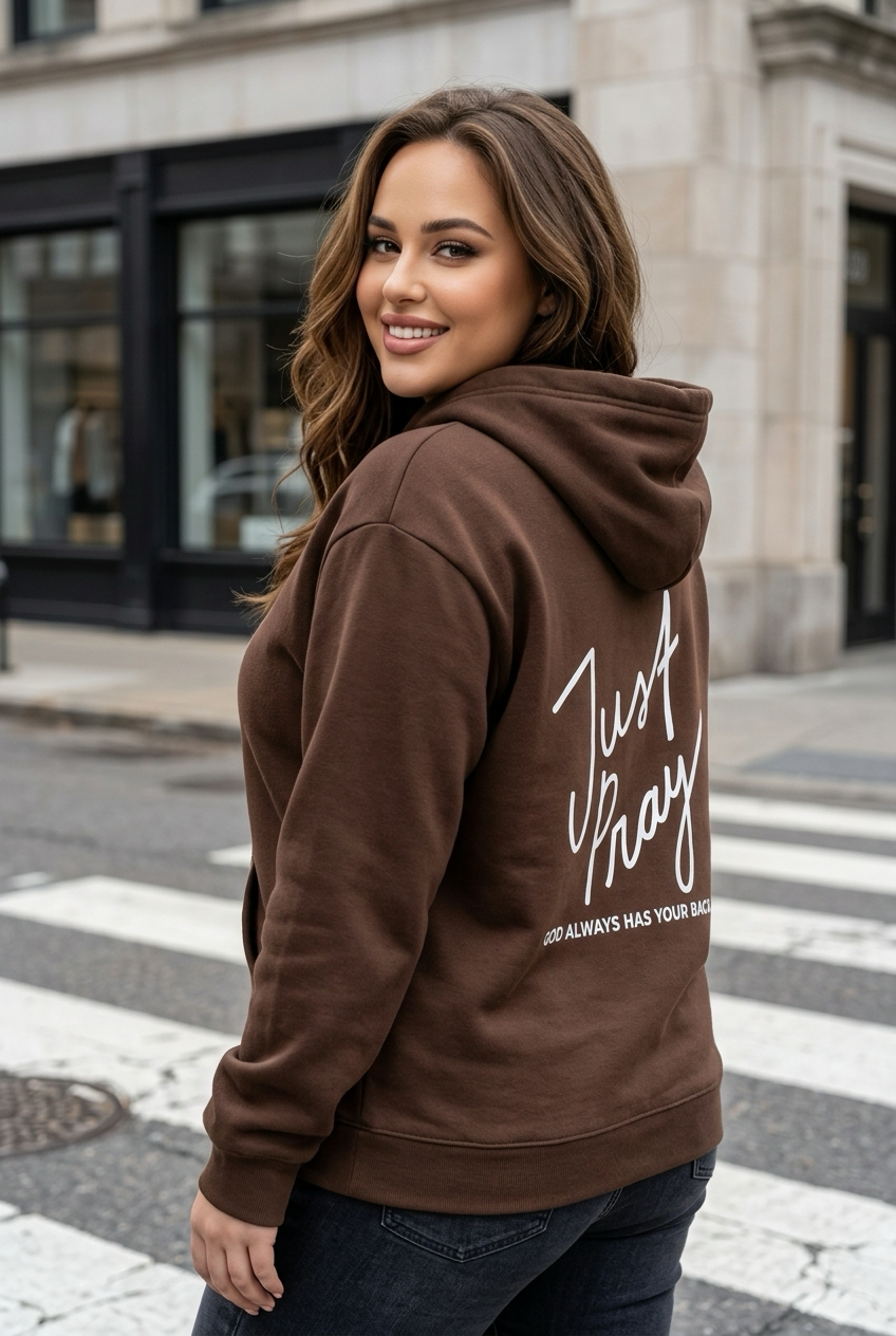 Woman wearing a brown hoodie with text on the back, standing on a city street.