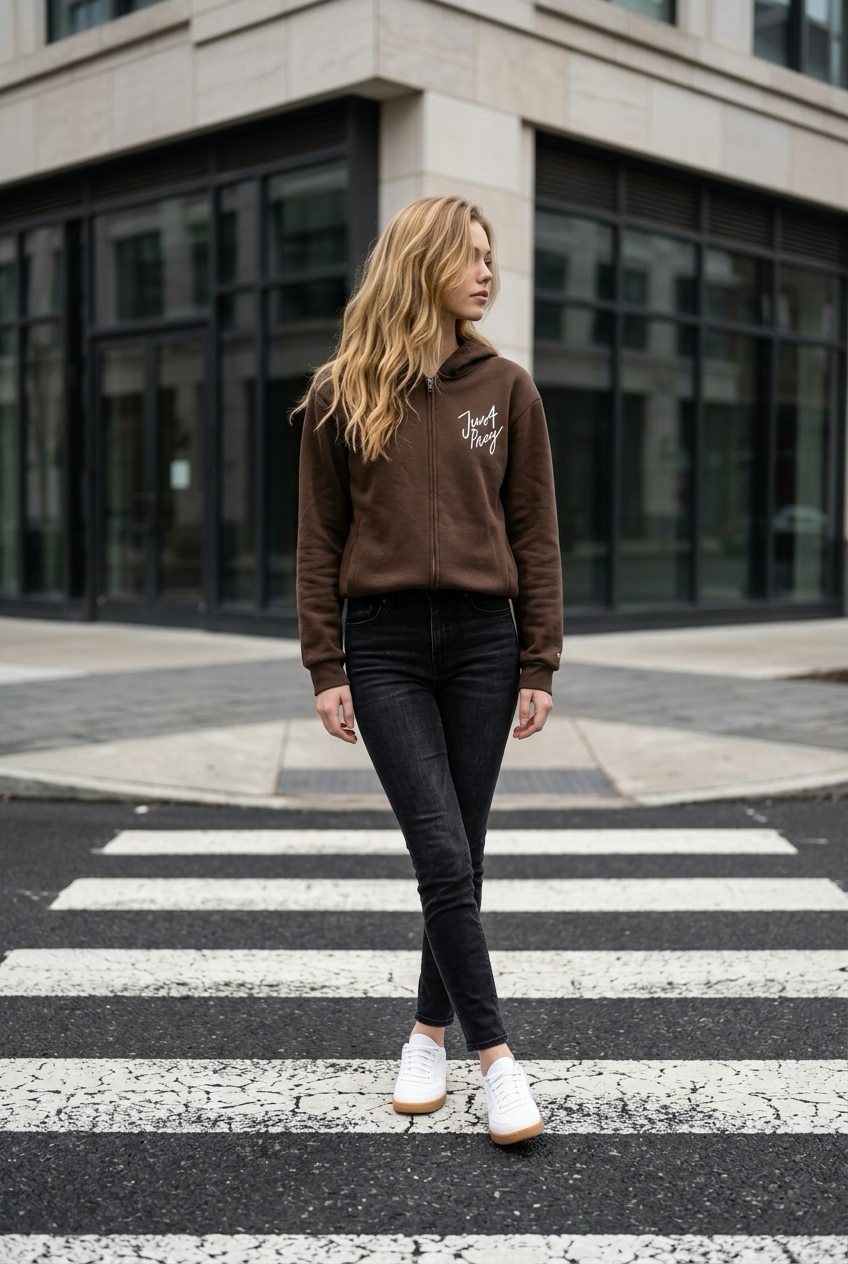 Woman walking on a crosswalk wearing a brown hoodie and black pants.