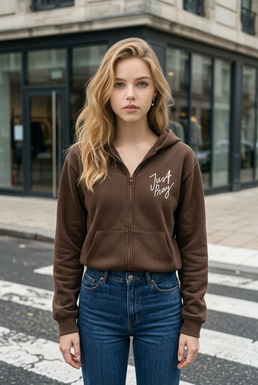 Woman wearing a brown hoodie with text on it, standing on a street.