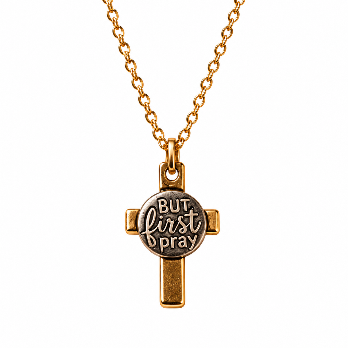 But First Pray Gold Cross Necklace