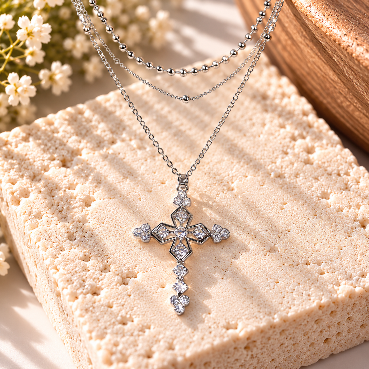 Layers of Faith Silver Triple-Layer Cross Necklace