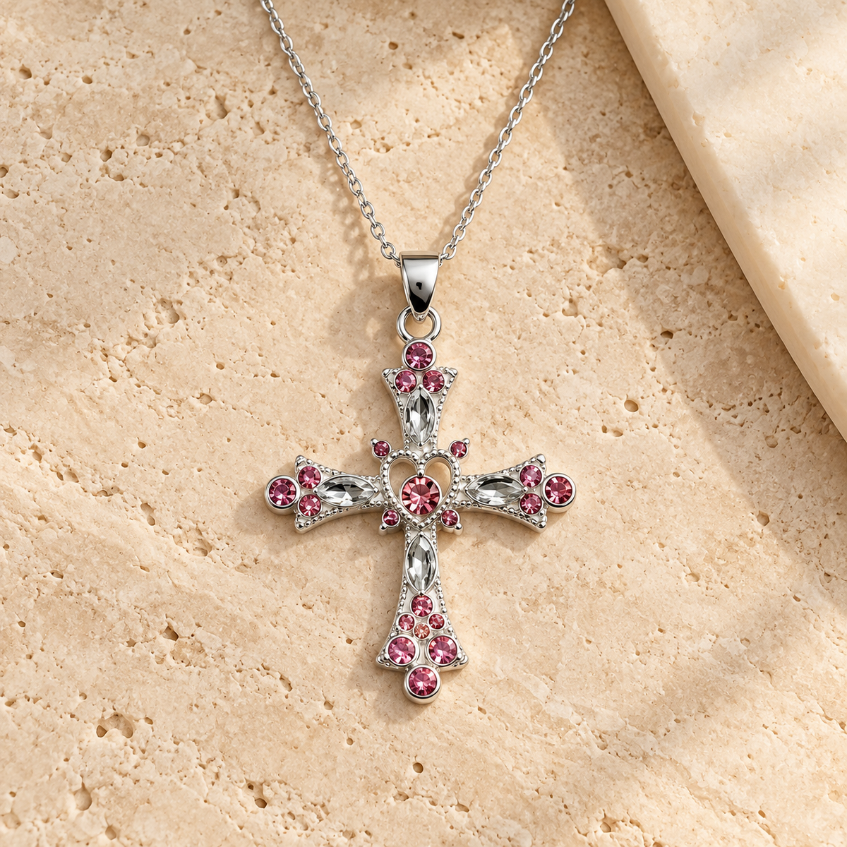 A silver cross pendant necklace adorned with pink gemstones, displayed on a textured beige stone surface.