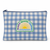 A blue and white gingham pouch with a navy zipper and a central embroidered patch featuring a yellow sun, green border, and the words 'MAKE HEAVEN CROWDED'.