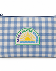 A blue and white gingham pouch with a navy zipper and a central embroidered patch featuring a yellow sun, green border, and the words 'MAKE HEAVEN CROWDED'.