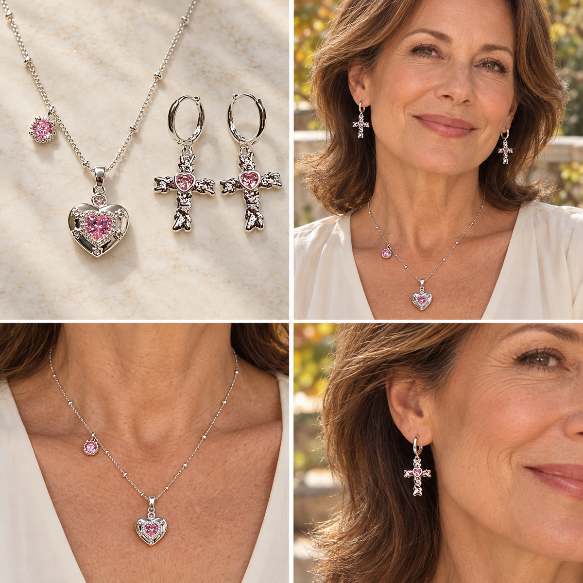 Held in His Love Silver Pink Heart Necklace &amp; Cross Earring Set