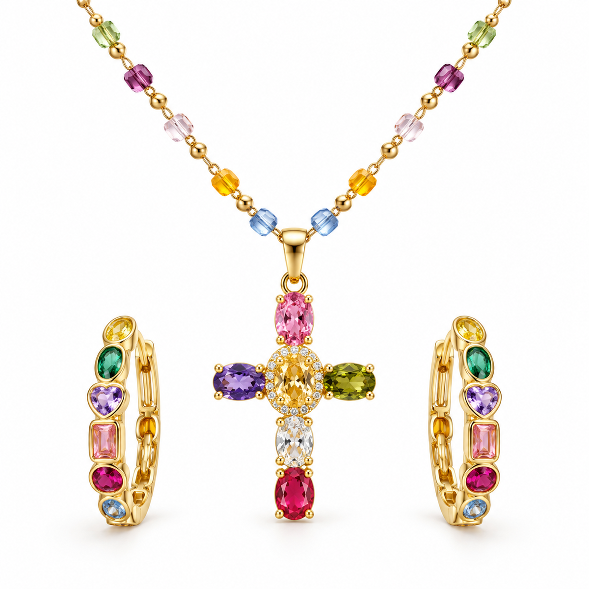 Joyful Faith Gold Multicolor Cross Necklace &amp; Hoop Earring Set