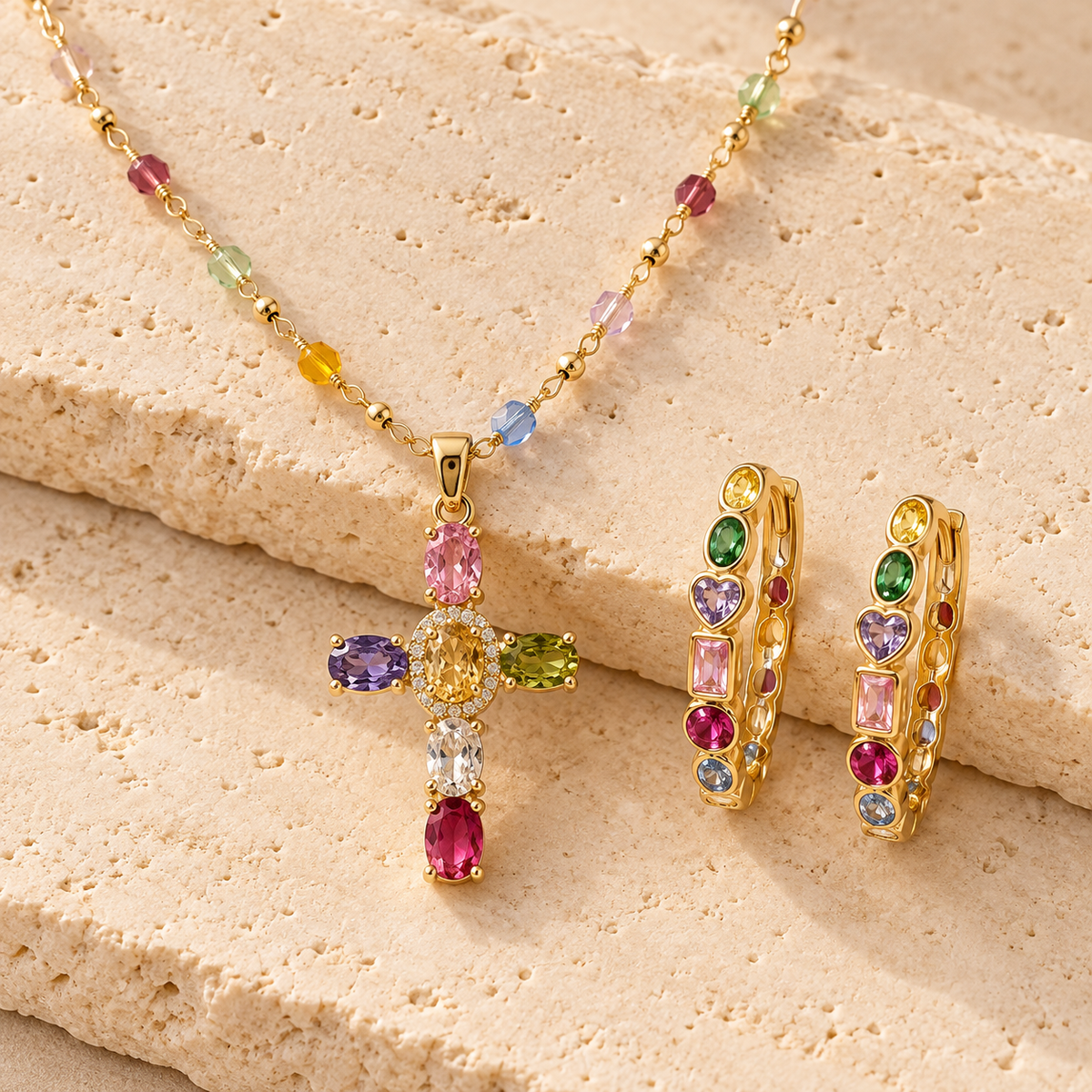 Joyful Faith Gold Multicolor Cross Necklace &amp; Hoop Earring Set