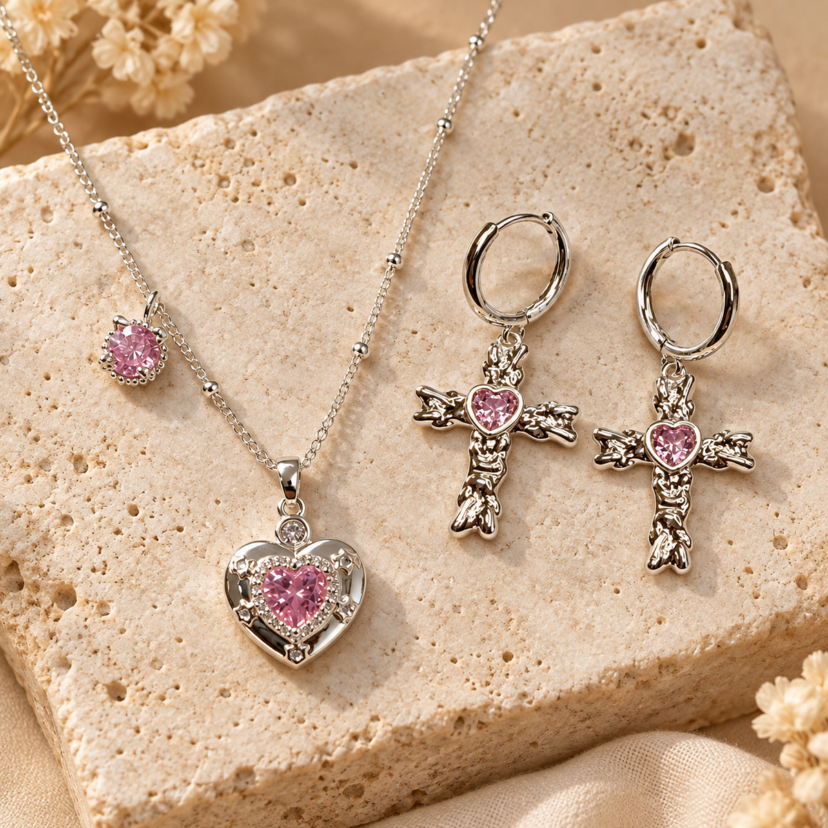 Held in His Love Silver Pink Heart Necklace &amp; Cross Earring Set