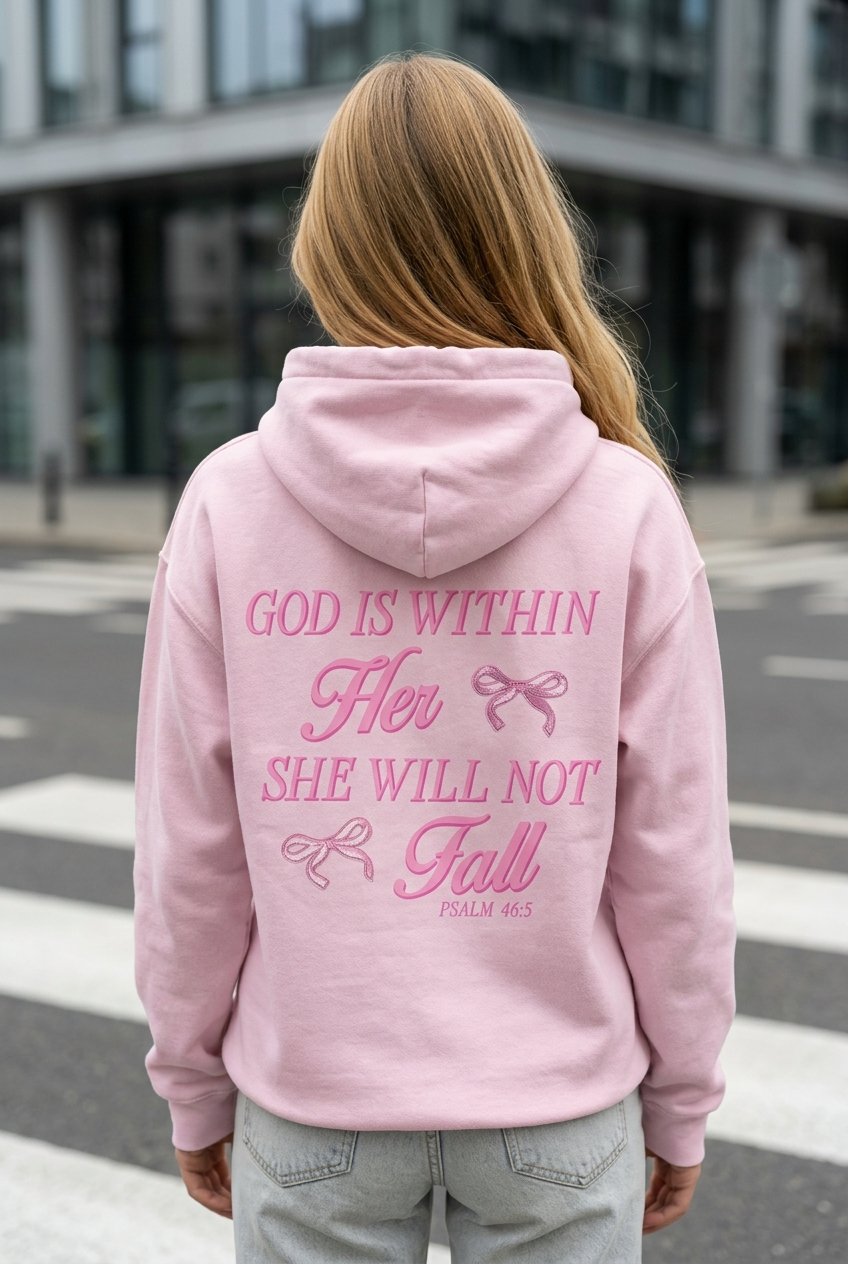 Person wearing a pink hoodie with text on the back, standing on a street.
