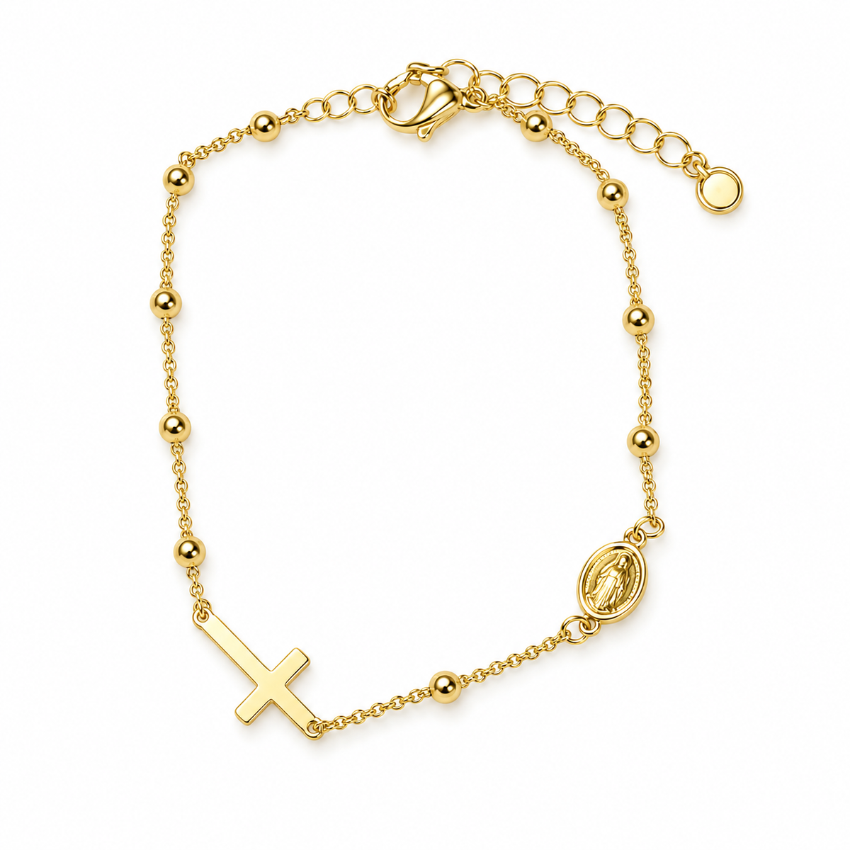 A gold chain bracelet featuring a cross pendant, a small oval religious medallion, and polished gold bead accents, displayed on a clean white background.