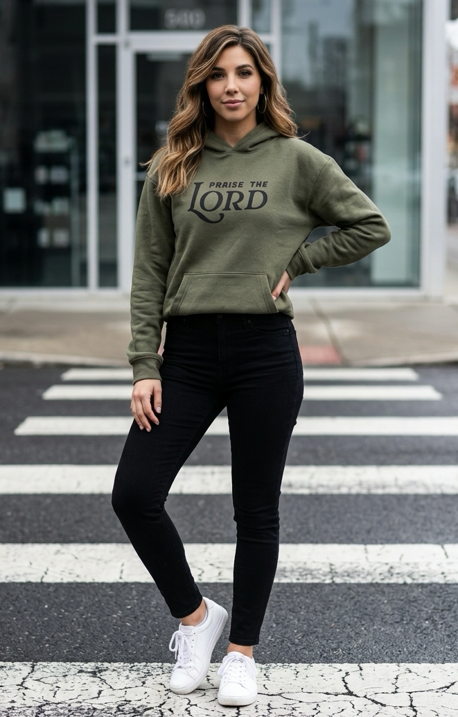Woman wearing an olive green hoodie with text, black leggings, and white sneakers on a crosswalk.