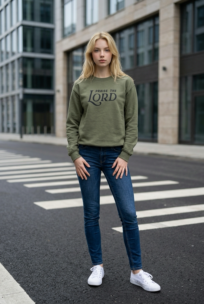 Woman wearing a green sweatshirt with 'Praise the Lord' text on a city street.